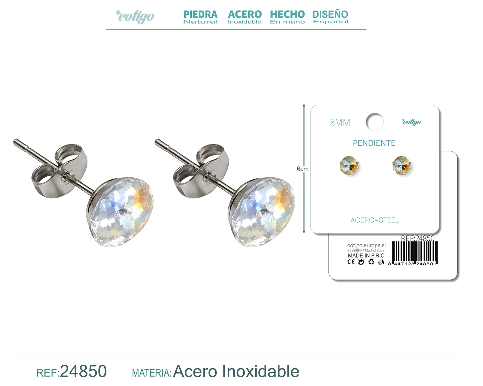 PENDIENTE DE CRISTAL OVALADO 8MM CON ACCESORIO ACERO