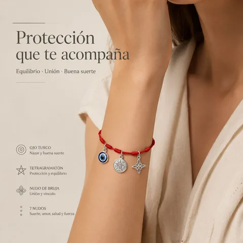 PULSERA 7 NUDOS CON TETRAGRÁMATON  NUDO DE BRUJA Y OJO TURCO ACERO PLATEADO