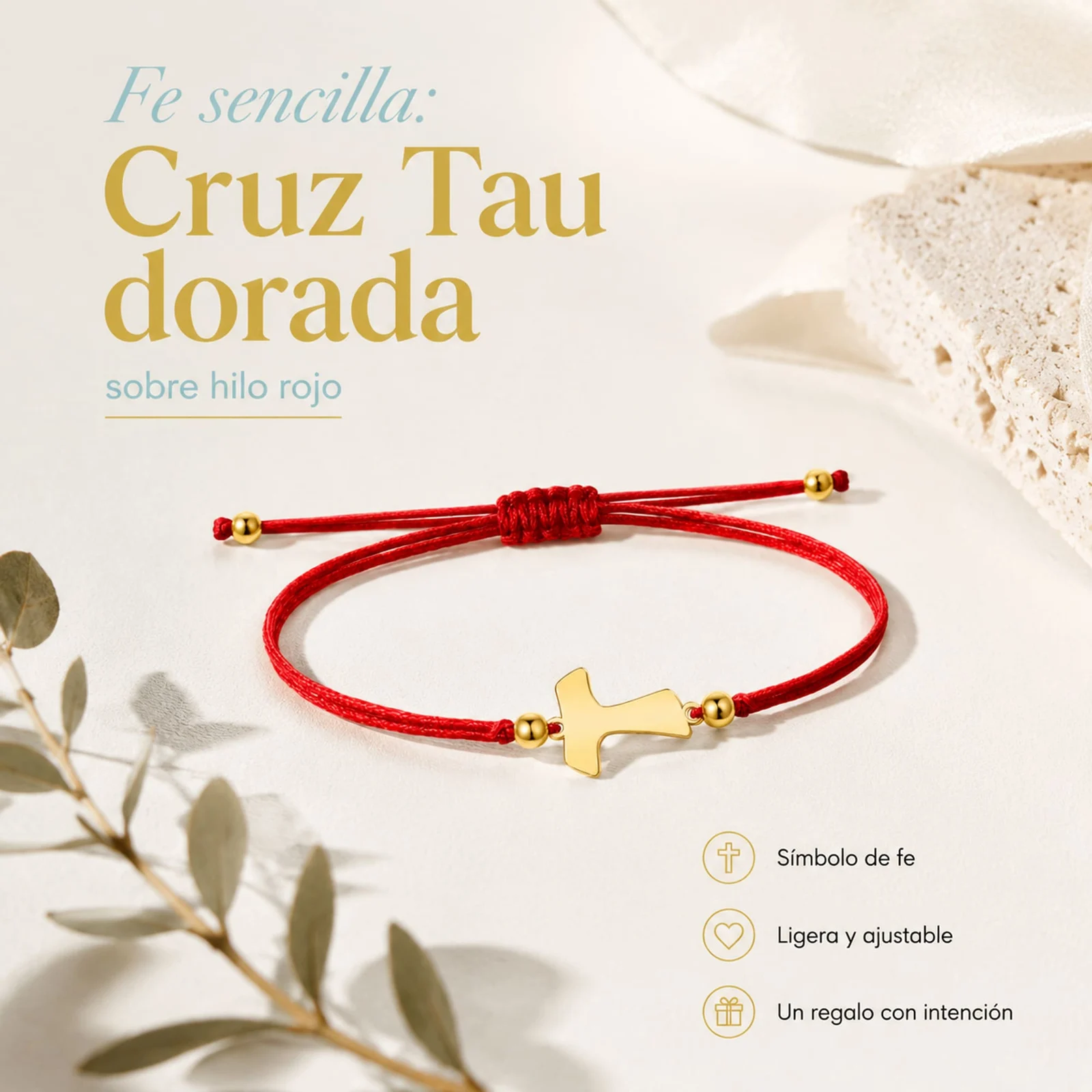 PULSERA CRUZ TAU DORADO DE HILO EN.ROJO
