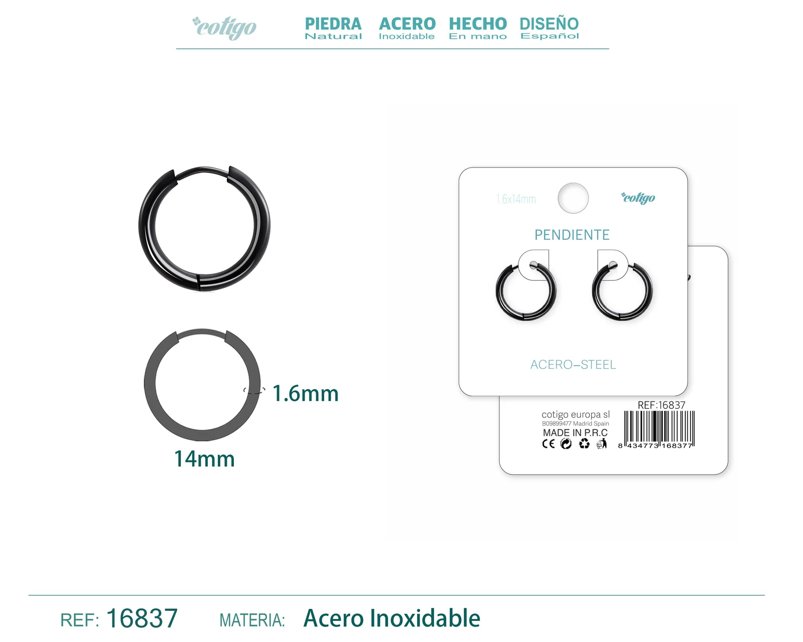 PENDIENTE ARO ACERO 1.6X14 MM NEGRO