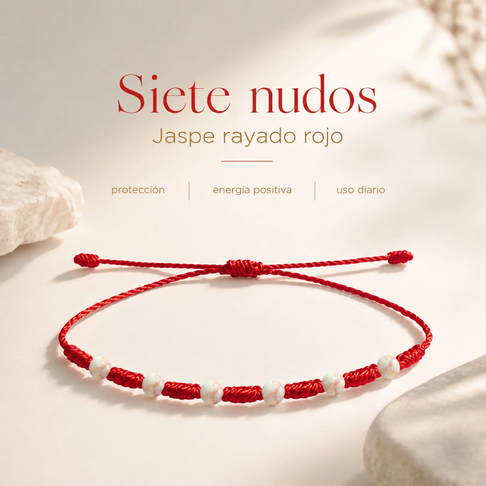 PULSERA 7 NUDOS CON  JASPE RAYADO ROJO 4MM