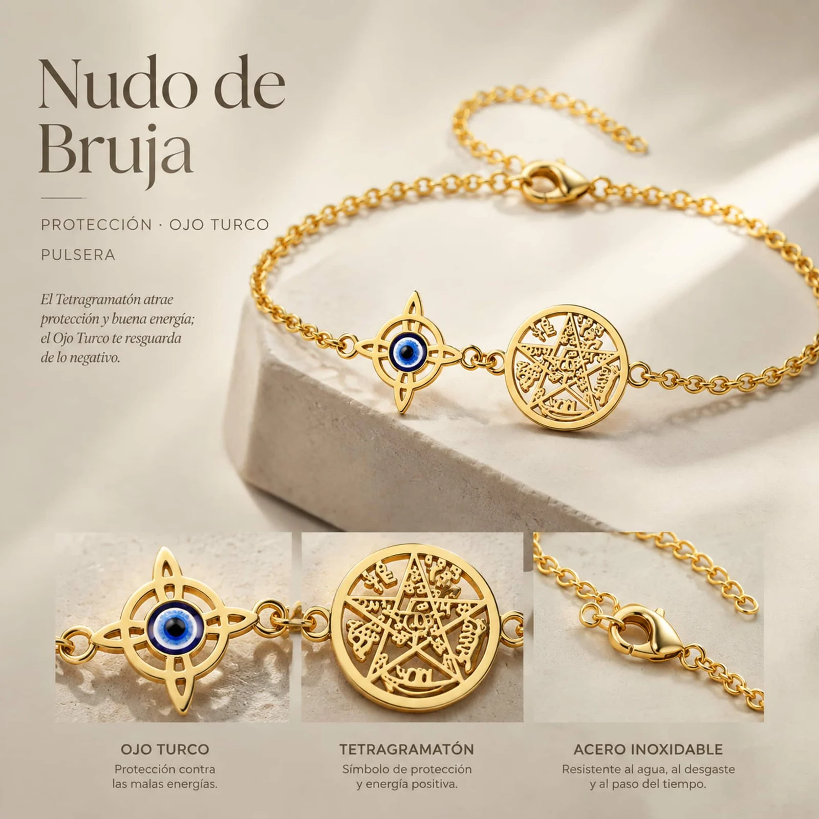 PULSERA TETRAGRÁMATON CON NUDO DE BRUJA Y OJO DE TURCO ACERO INOXIDABLE COLOR DORADO