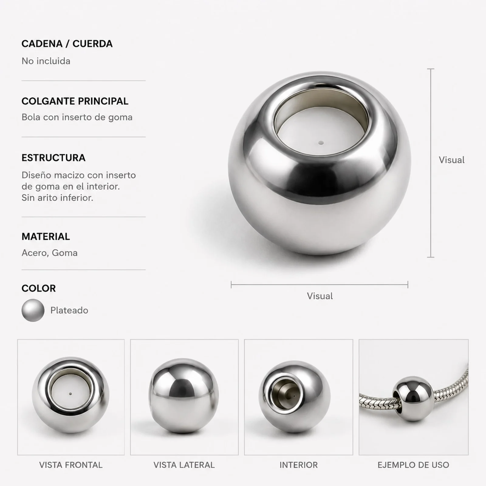BOLA 4MM ACERO COLOR PLATEADO CON GOMA PARA FIJAR CHARM