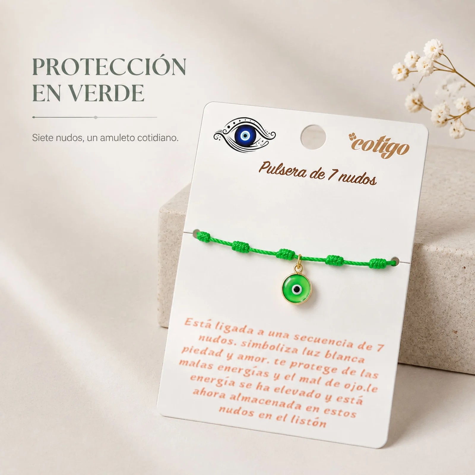 PULSERA 7 NUDOS VERDE CON COLGANTE DE OJO TURCO