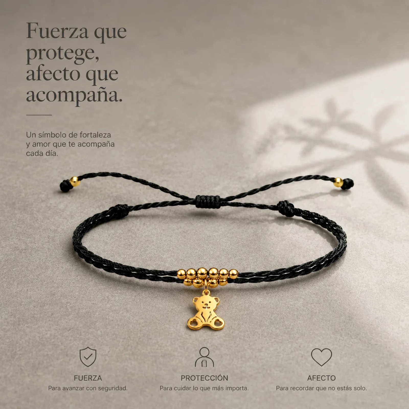 PULSERA HILO ENCERADO CON COLGANTE OSO ACERO DORADO