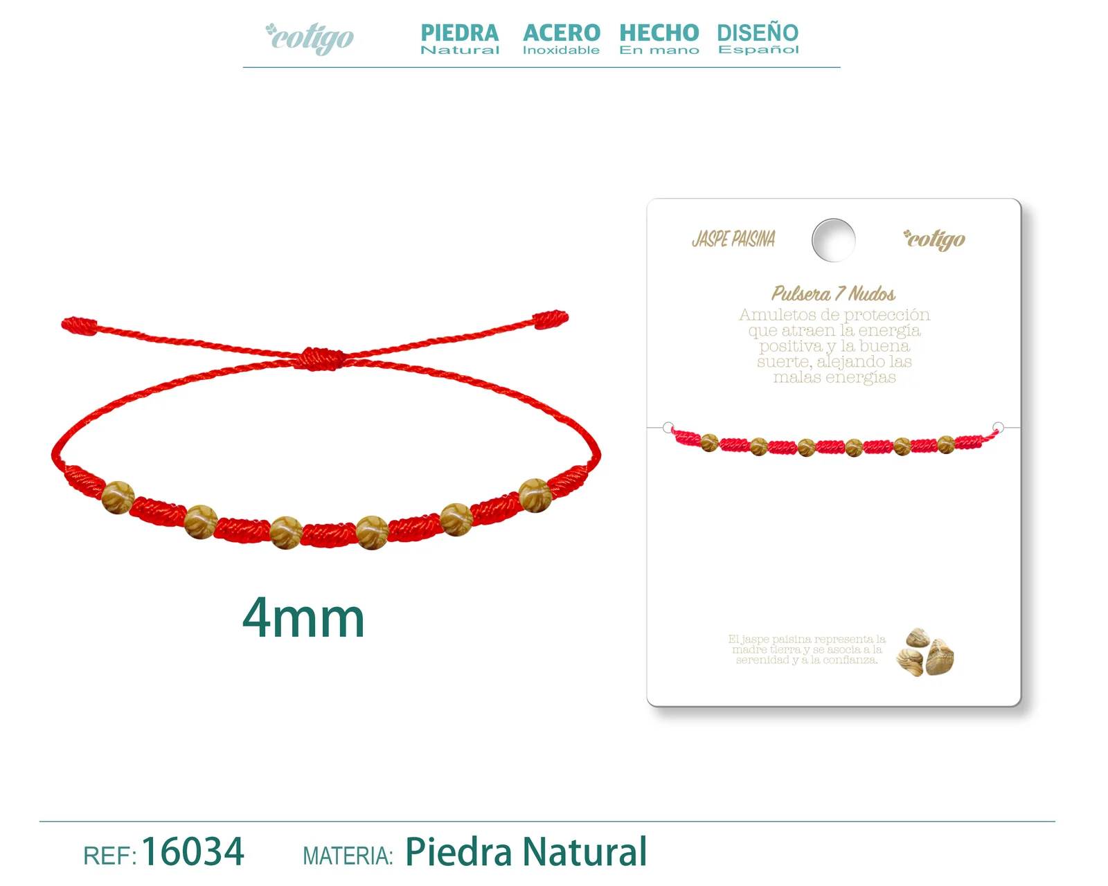 PULSERA 7 NUDOS CON  JASPE PAISINA 4MM
