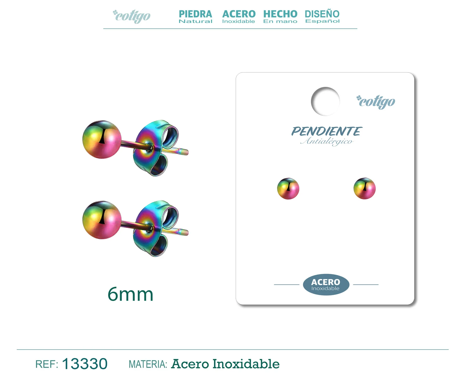 PENDIENTE BOLA 6MM ACERO MULTICOLOR