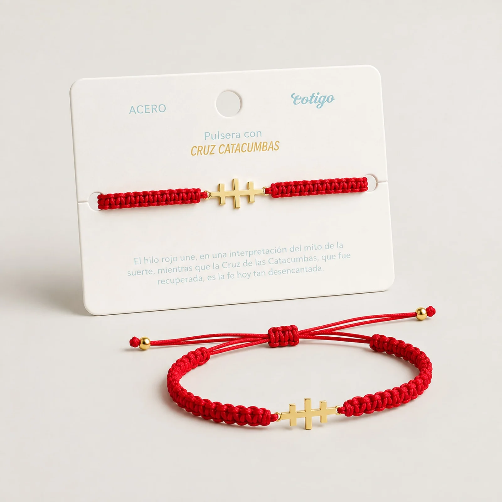 PULSERA HILO DESTINO  CON CRUZ CATACUMBAS ACERO DORADO