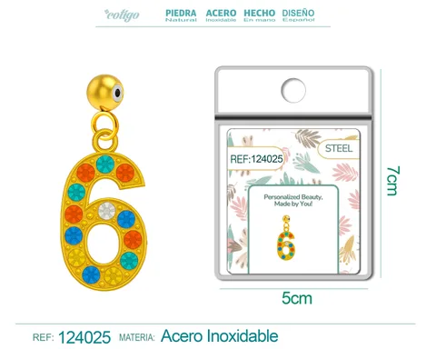 CHARM DE NÚMERO 6 ACERO COLOR DORADO CON CIRCONITA-CON BOLA DE GOMA