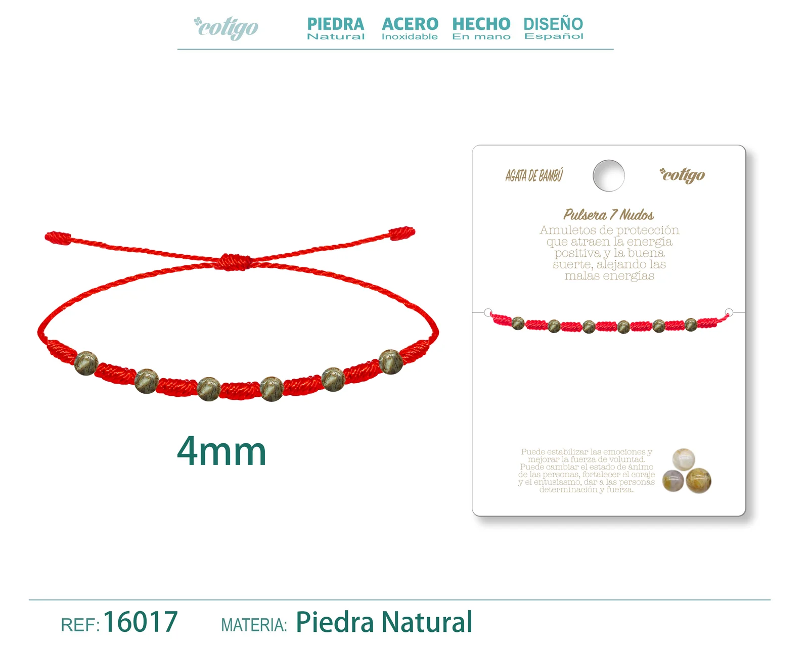 PULSERA 7 NUDOS CON  AGATA DE BAMBÚ 4MM