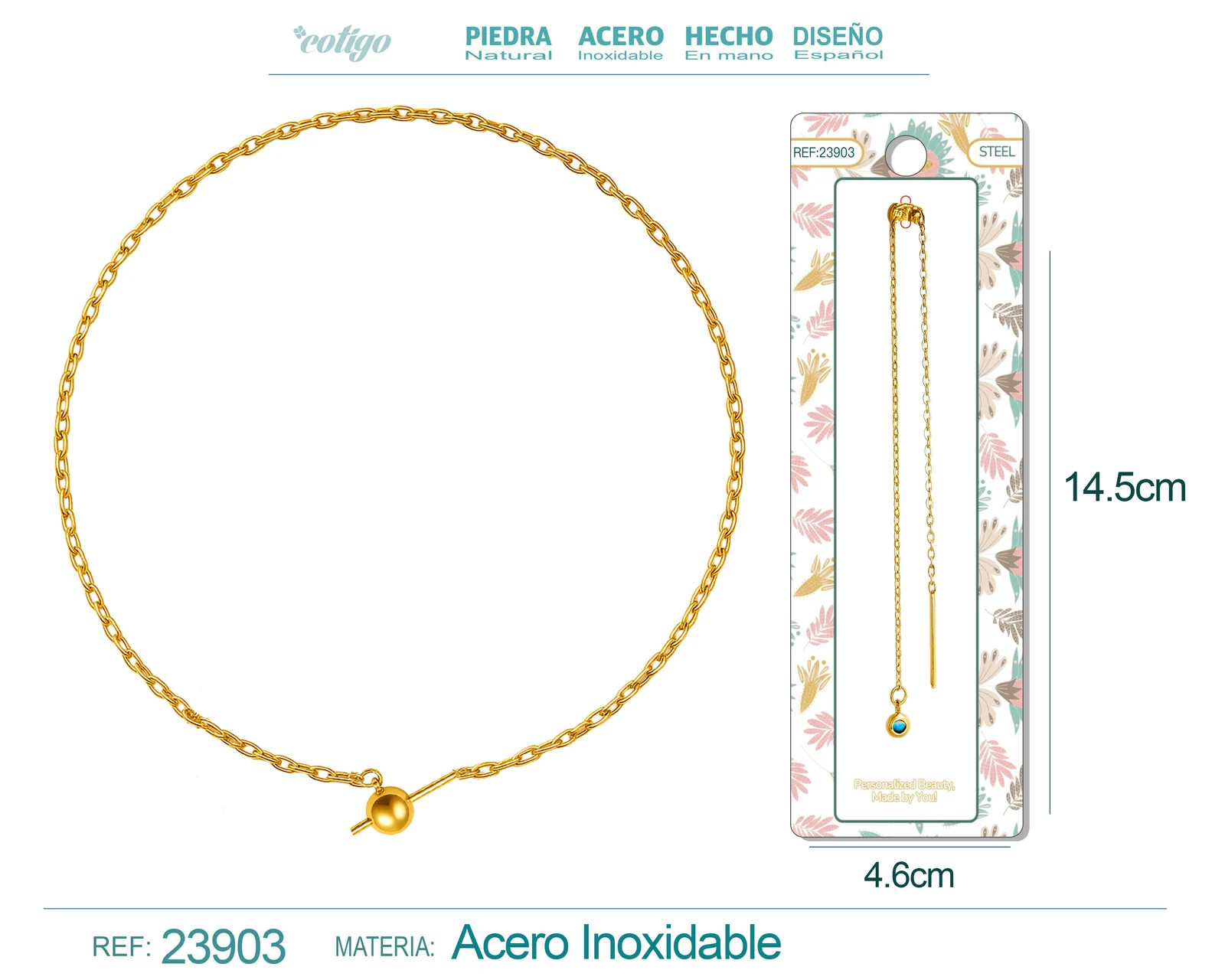 PULSERA DE CADENA ACERO COLOR DORADO CON CIRRE DE BOLA Y GOMA PARA CHARM