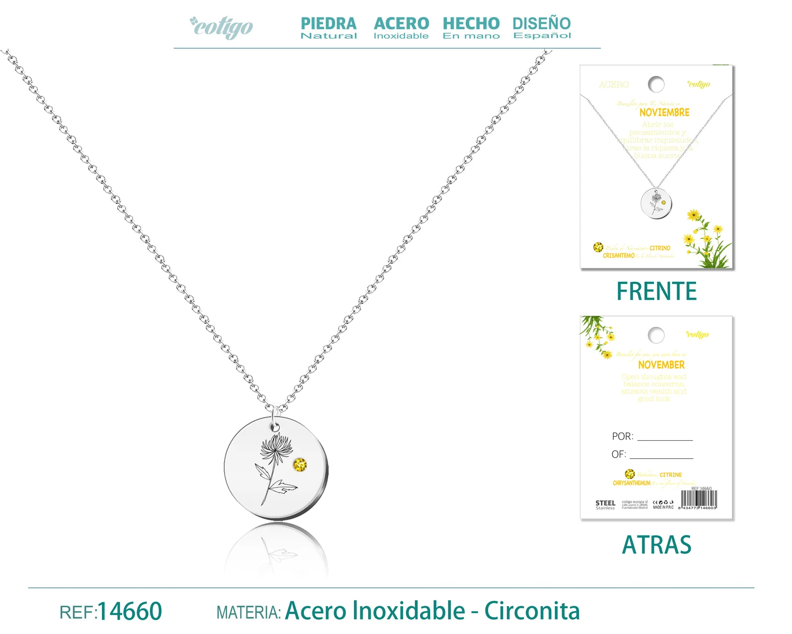 COLLAR ACERO PARA NACIMIENTO DE NOVIEMBRE PLATEADO