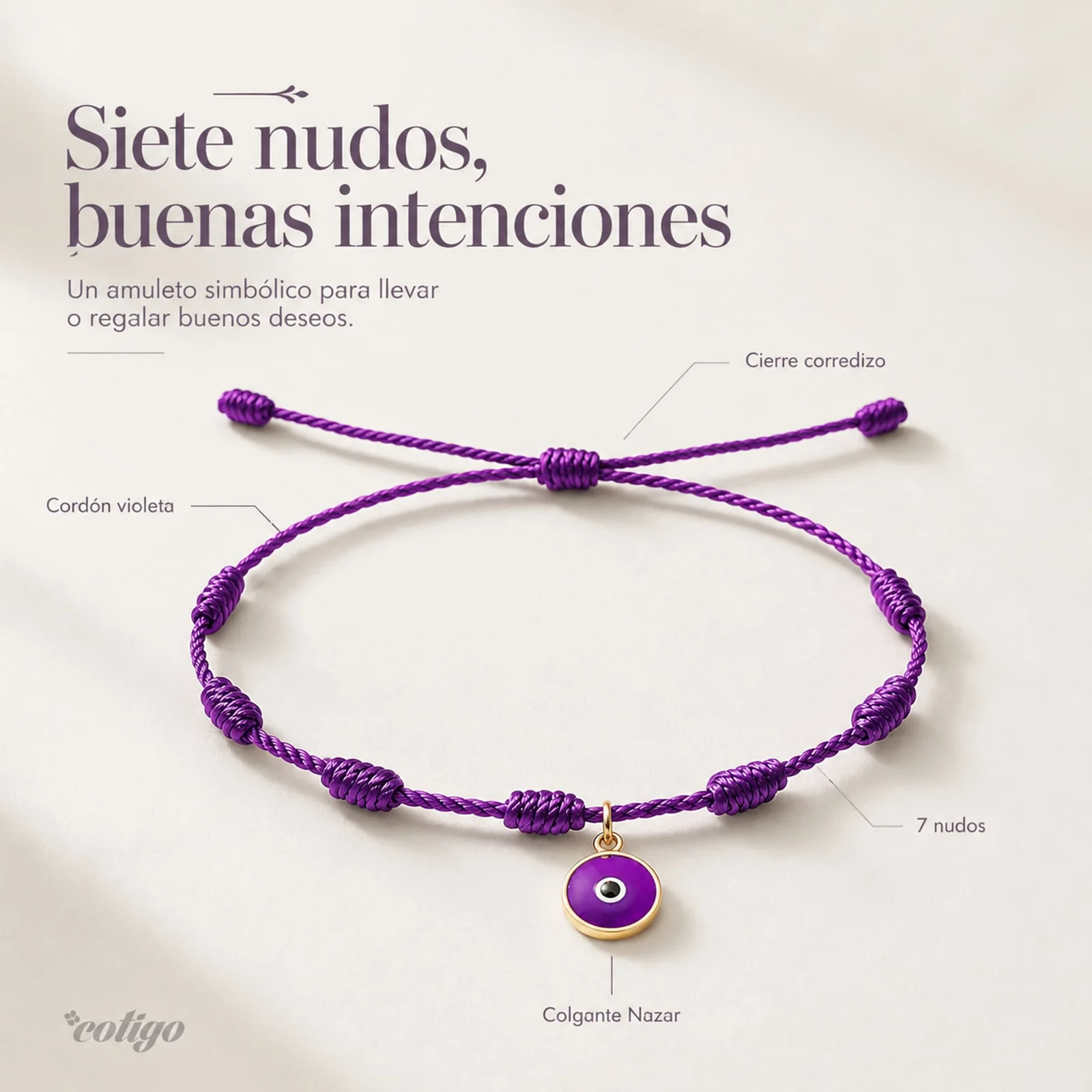 PULSERA 7 NUDOS VIOLETA CON COLGANTE DE OJO TURCO