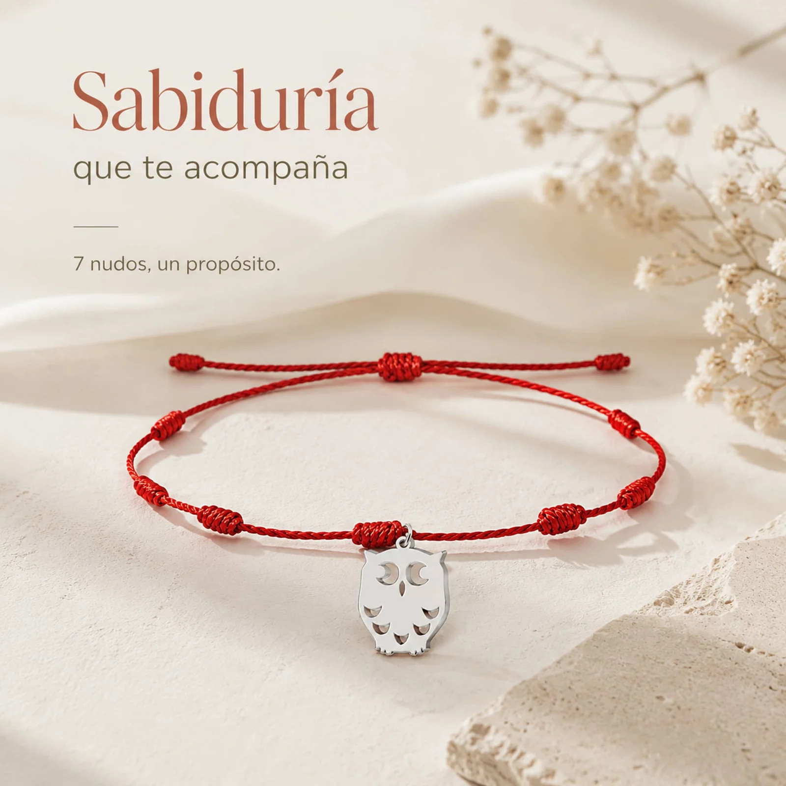 PULSERA 7 NUDOS CON BÚHO COLOR PLATEADO