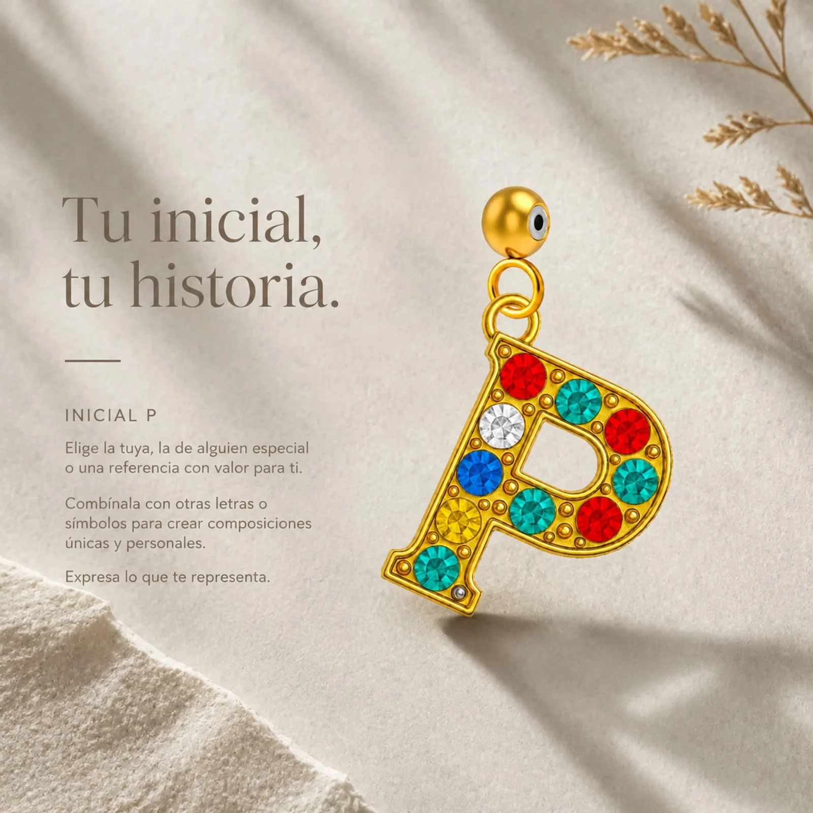 CHARM DE LETRA P ACERO COLOR DORADO CON CIRCONITA-CON BOLA DE GOMA