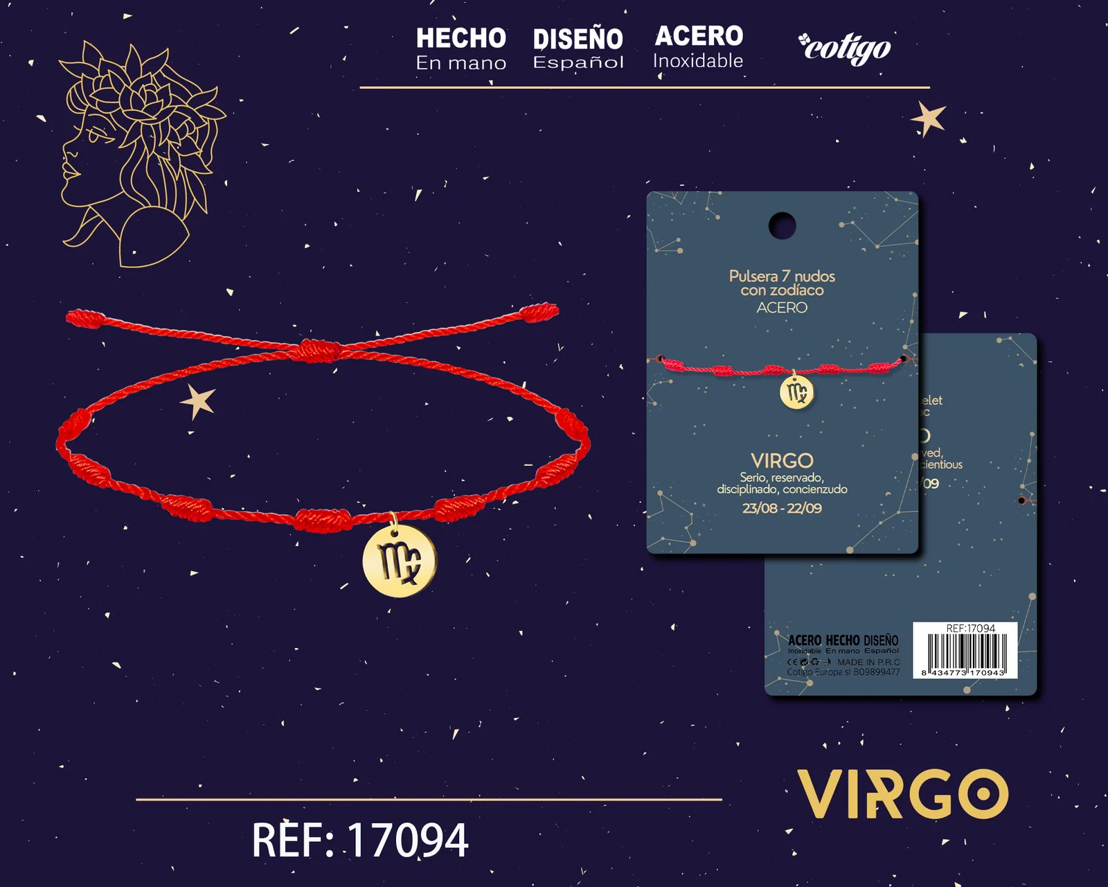 PULSERA 7 NUDOS CON VIRGO ACERO. COLOR DORADO