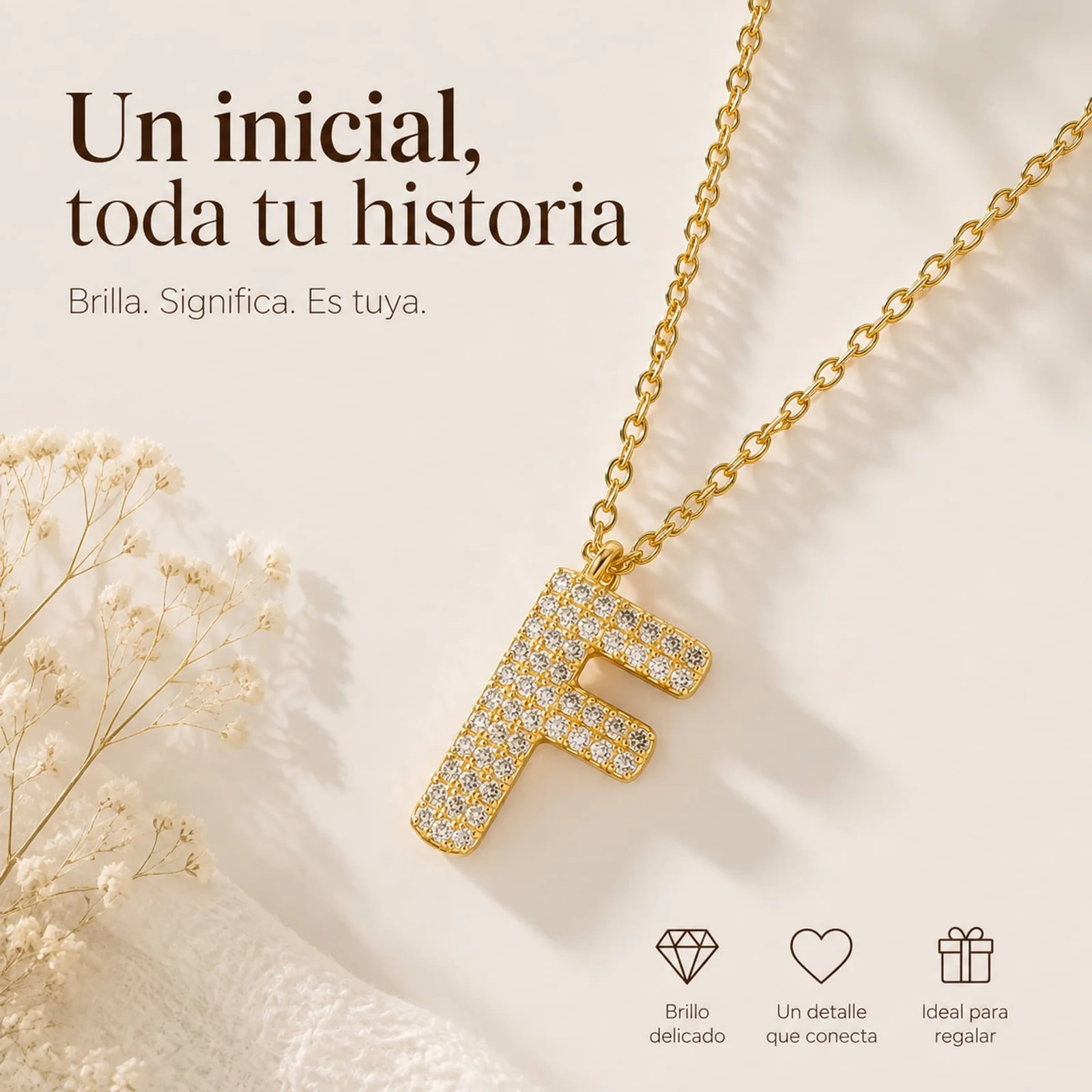 COLLAR LETRA F CON CIRCONITA  ACERO COLOR DORADO