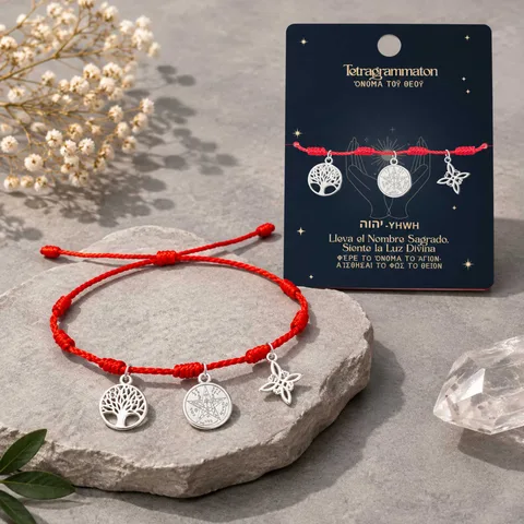 PULSERA 7 NUDOS CON TETRAGRÁMATON  NUDO DE BRUJA Y ÁRBOL DE LA VIDA ACERO PLATEADO
