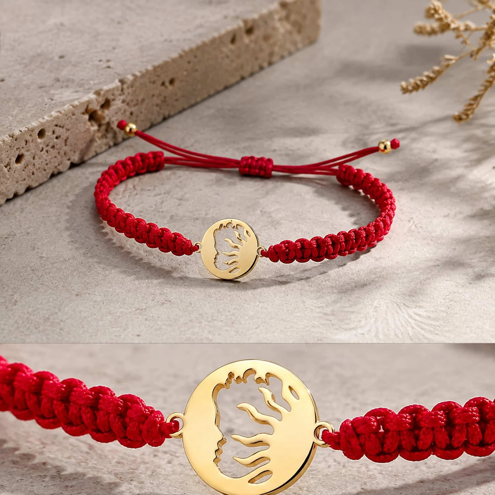 PULSERA HILO DESTINO  CON SOL Y LUNA ACERO DORADO