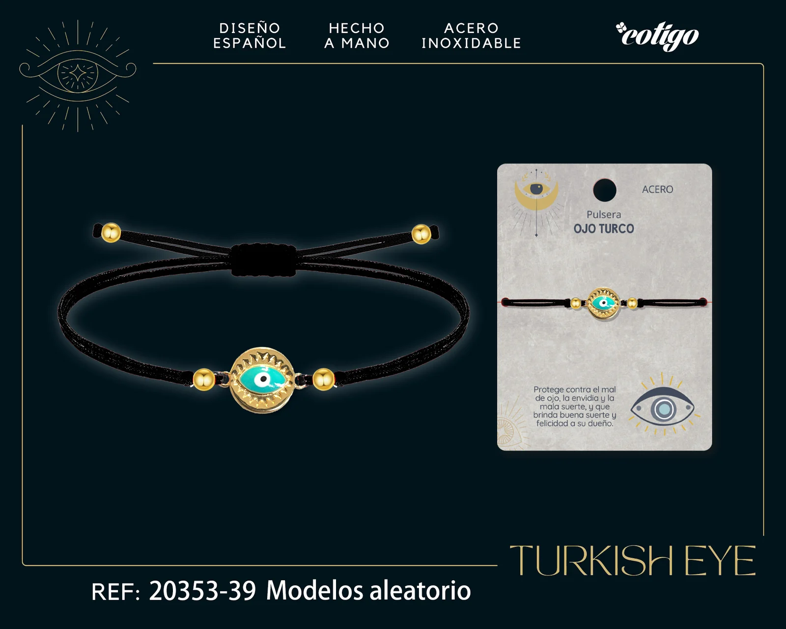 Pulsera Hilo encerado Negro CON OJO TURCO Dorado
