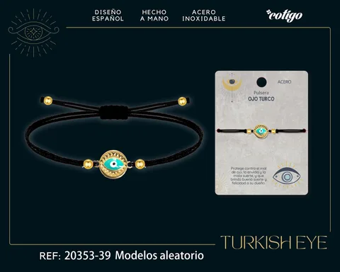 Pulsera Hilo encerado Negro CON OJO TURCO Dorado