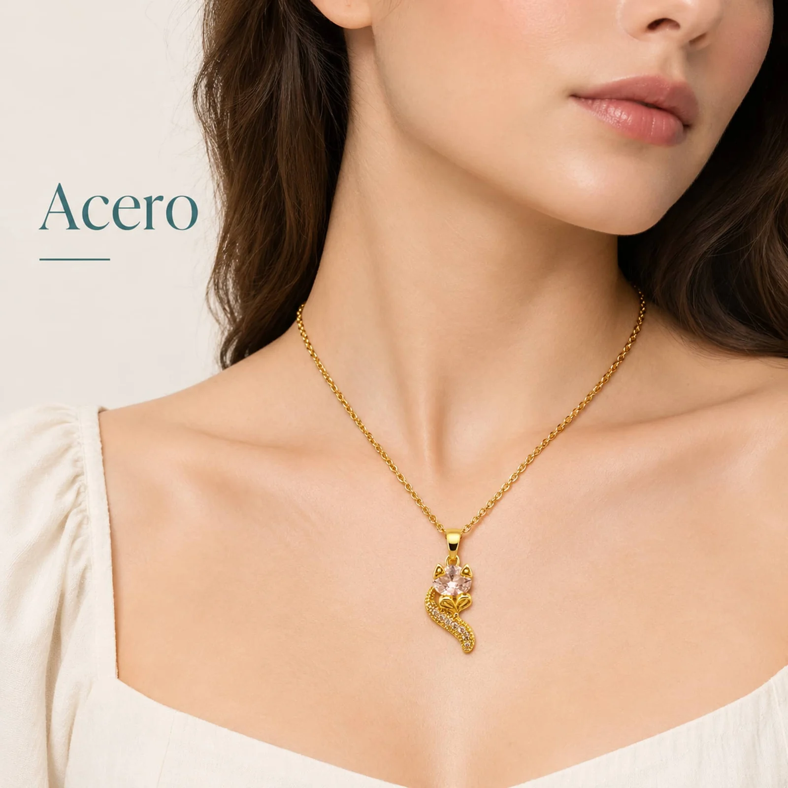 Colgangte Cobre con Circonita Colar Dorado y Cadena Acero