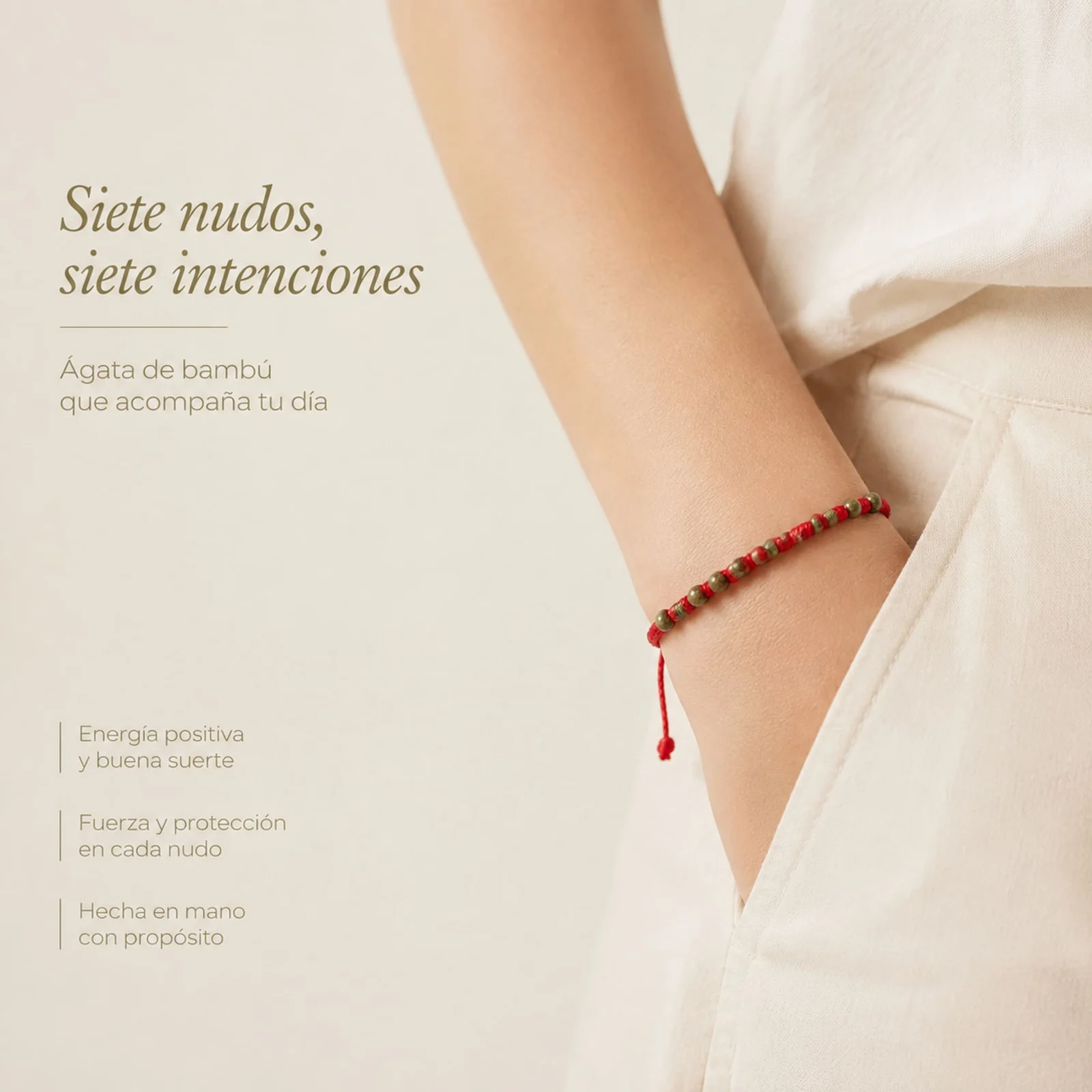 PULSERA 7 NUDOS CON  ÁGATA DE BAMBÚ 4MM