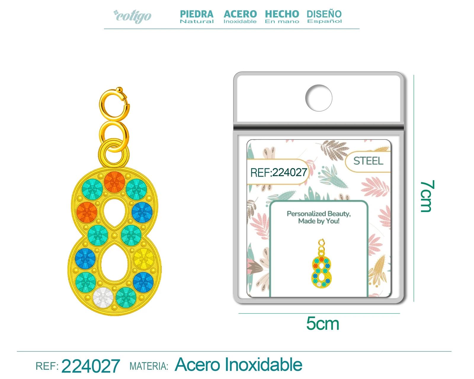 CHARM DE NÚMERO 8 ACERO COLOR DORADO CON CIRCONITA-CON CIERRE