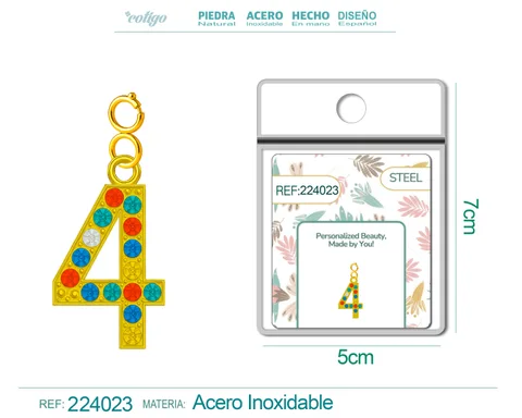 CHARM DE NÚMERO 4 ACERO COLOR DORADO CON CIRCONITA-CON CIERRE