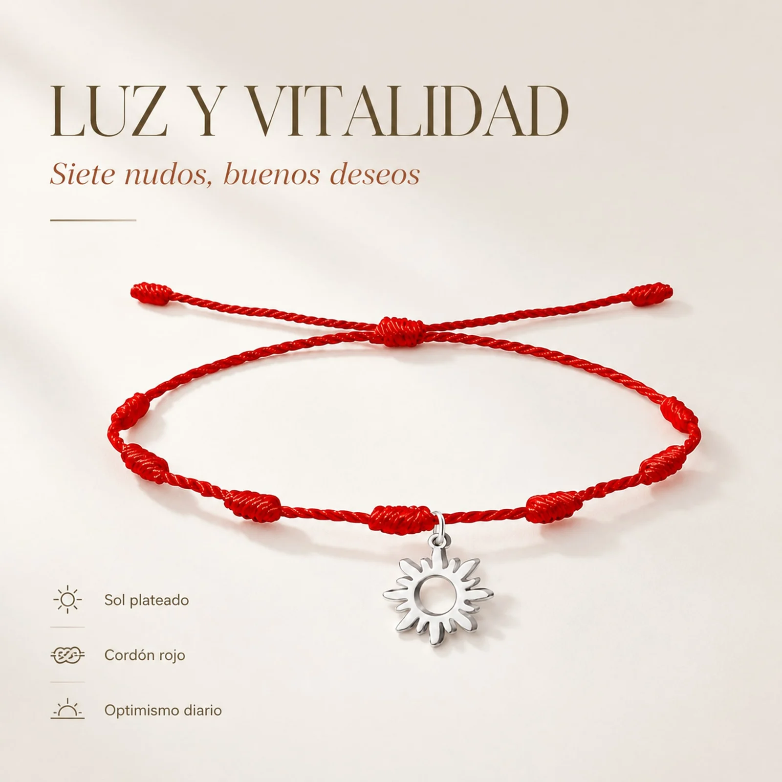 PULSERA 7 NUDOS CON SOL COLOR PLATEADO