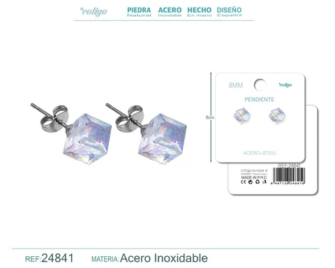 PENDIENTE DE CRISTAL CUADRADO 8MM CON ACCESORIO ACERO
