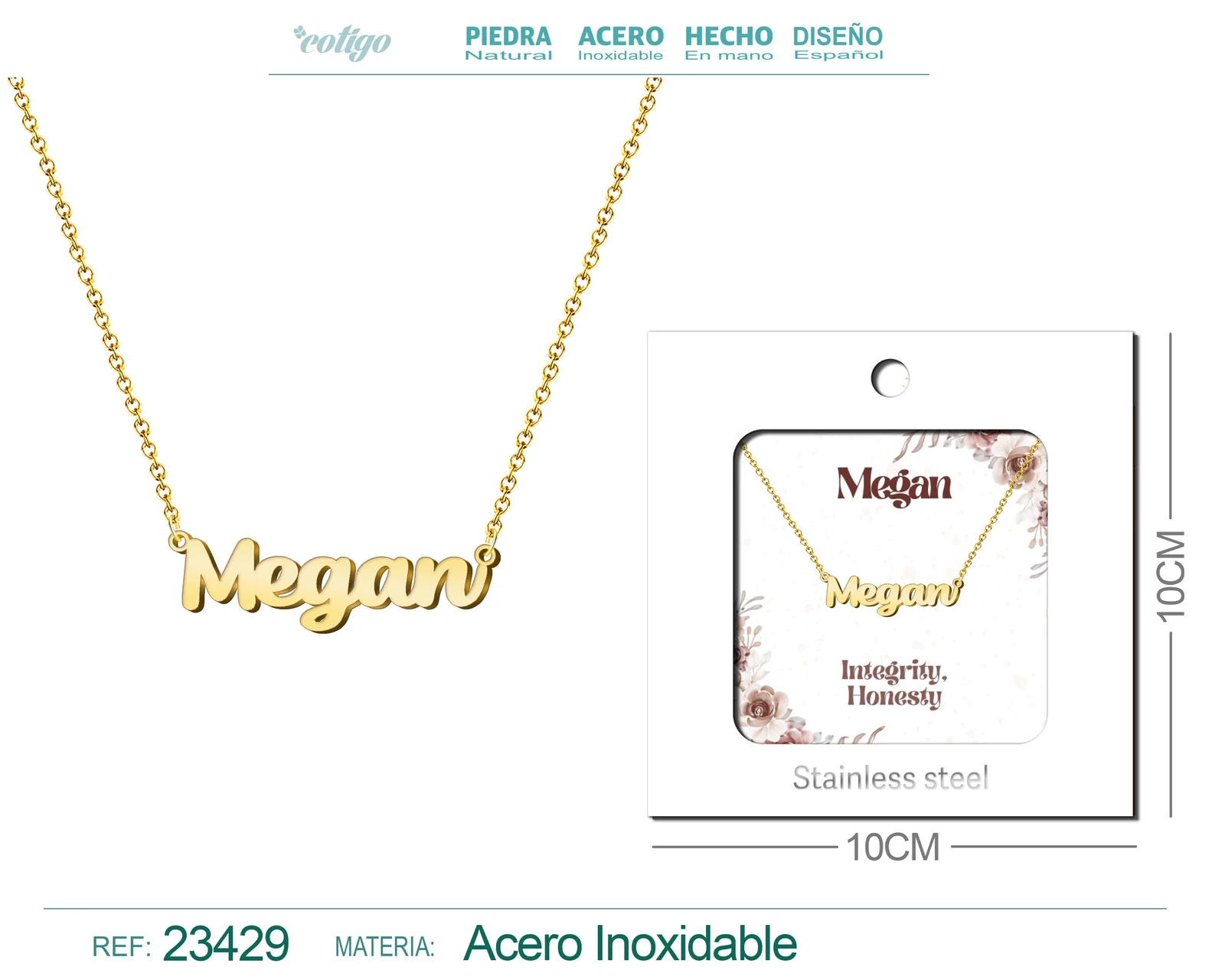 COLLAR NOMBRE INGLES MEGAN ACERO CON SOBRE