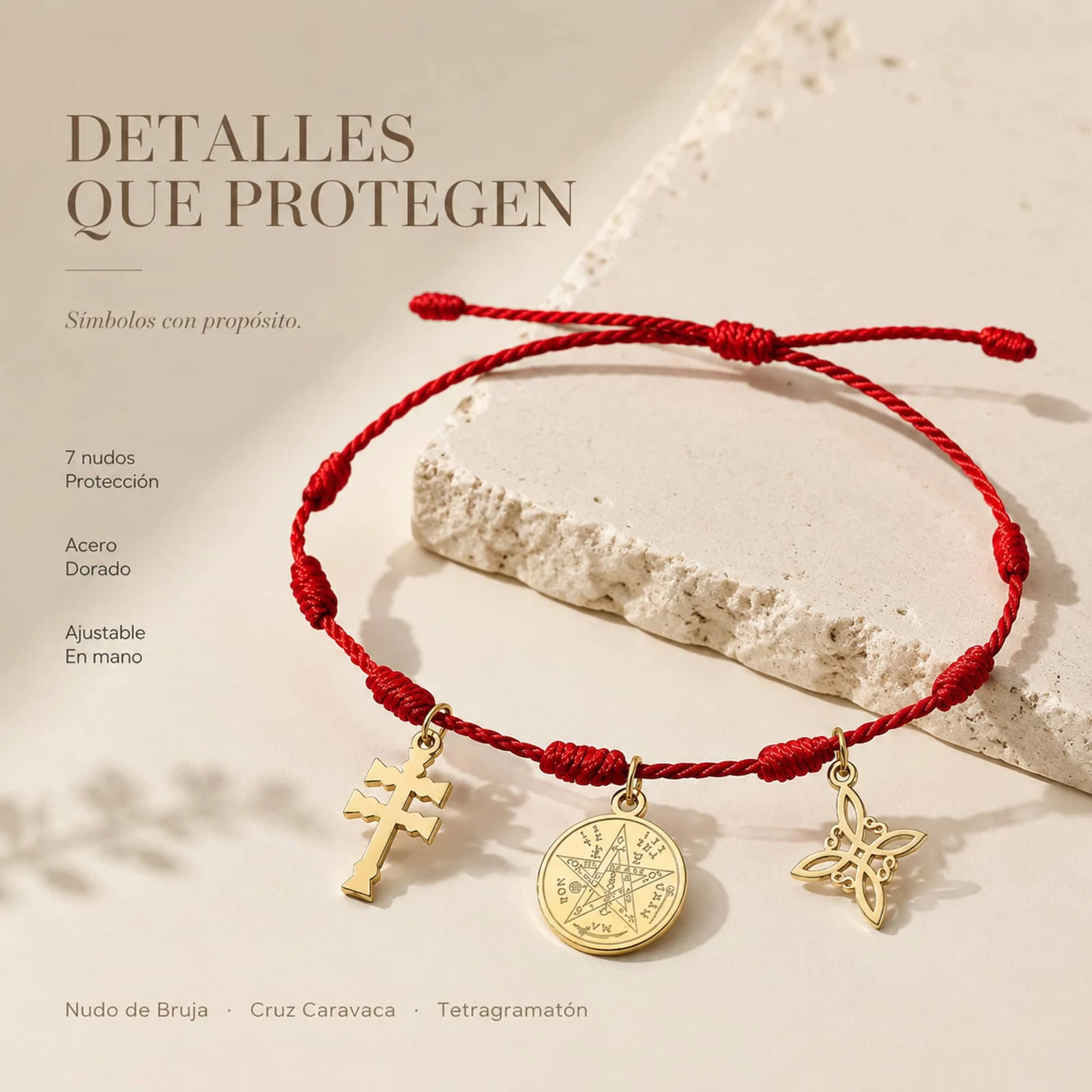 PULSERA 7 NUDOS CON TETRAGRÁMATON  NUDO DE BRUJA Y CRUZ CARAVACA ACERO DORADO