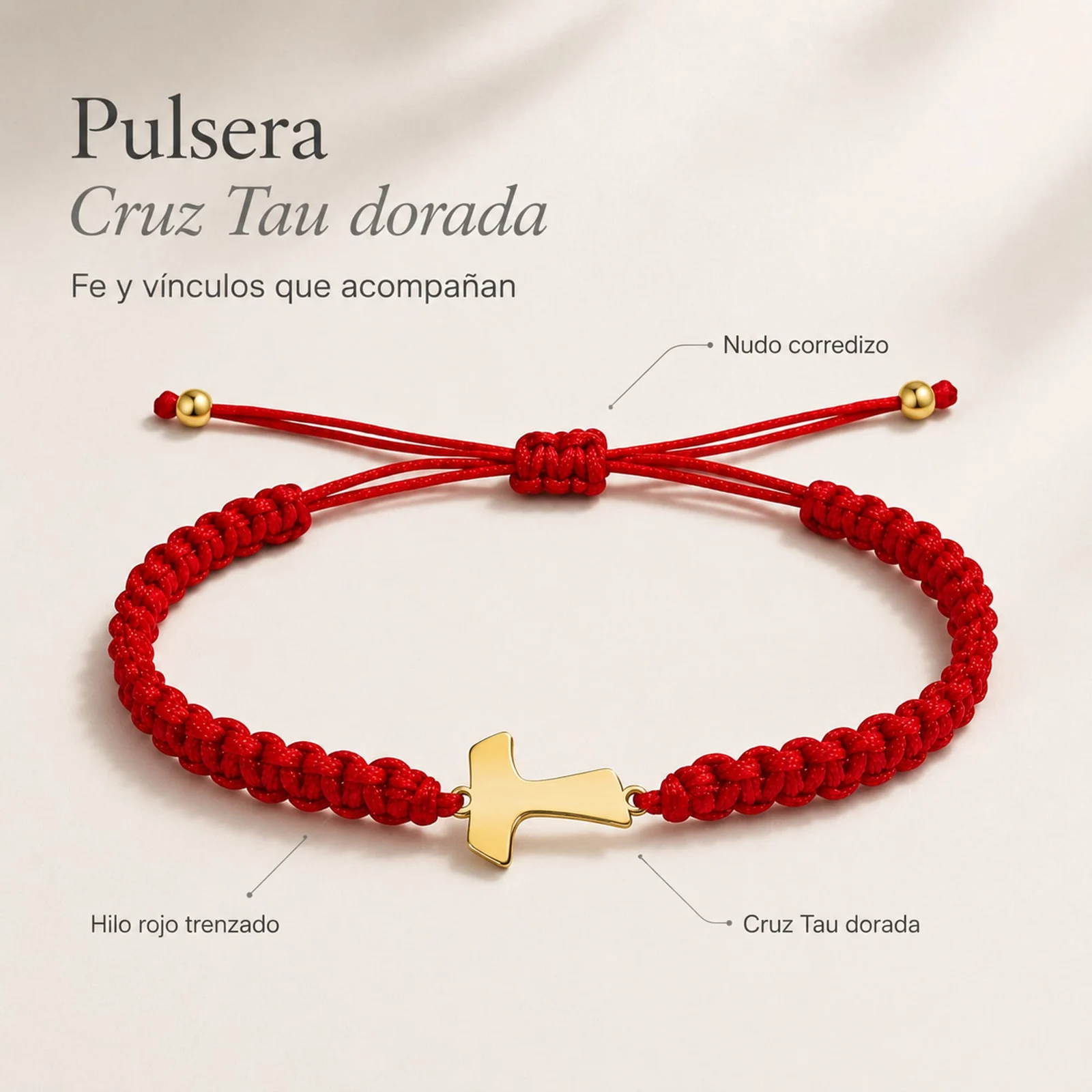 PULSERA HILO DESTINO  CON CRUZ TAU ACERO DORADO
