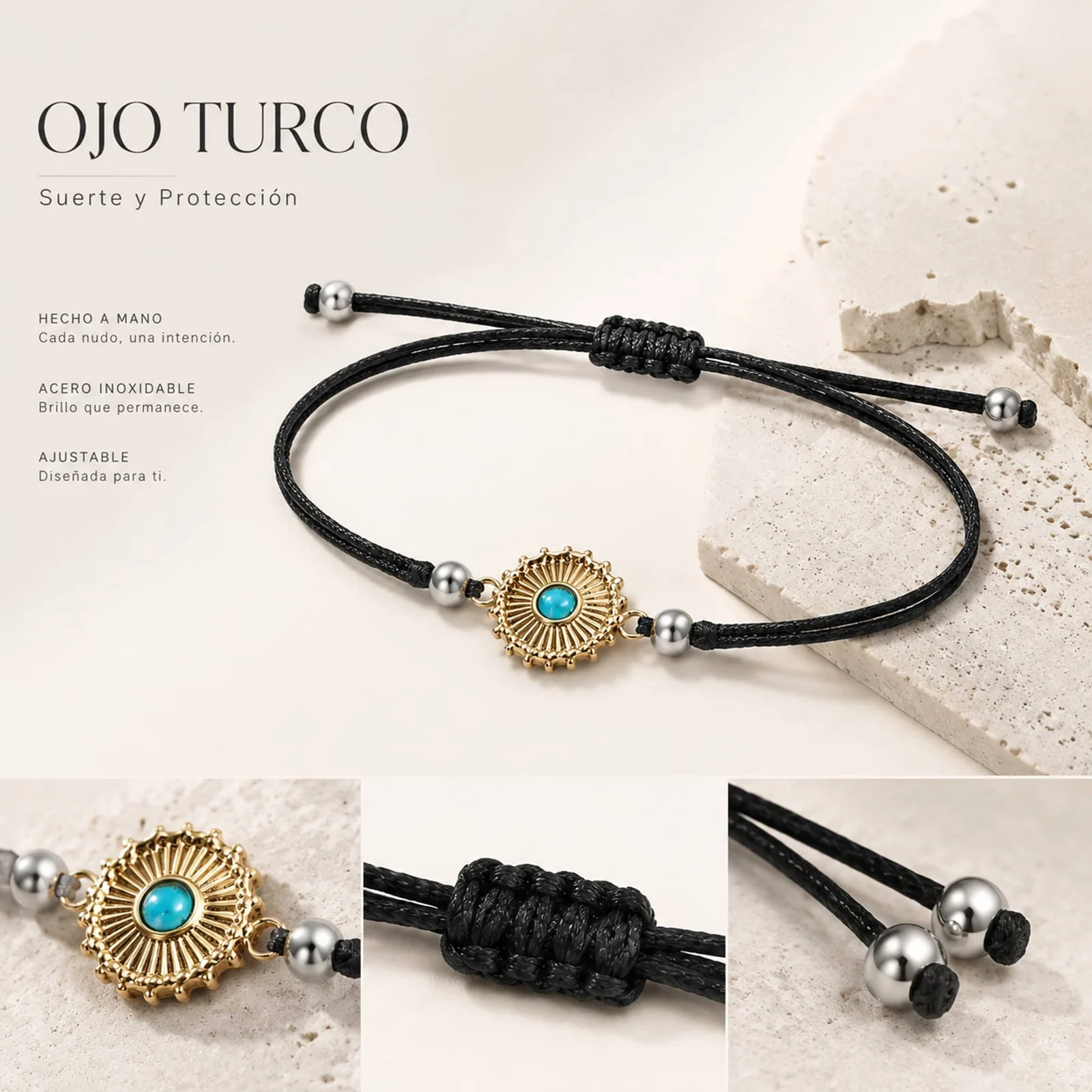 Pulsera Hilo encerado Negro CON OJO TURCO Dorado