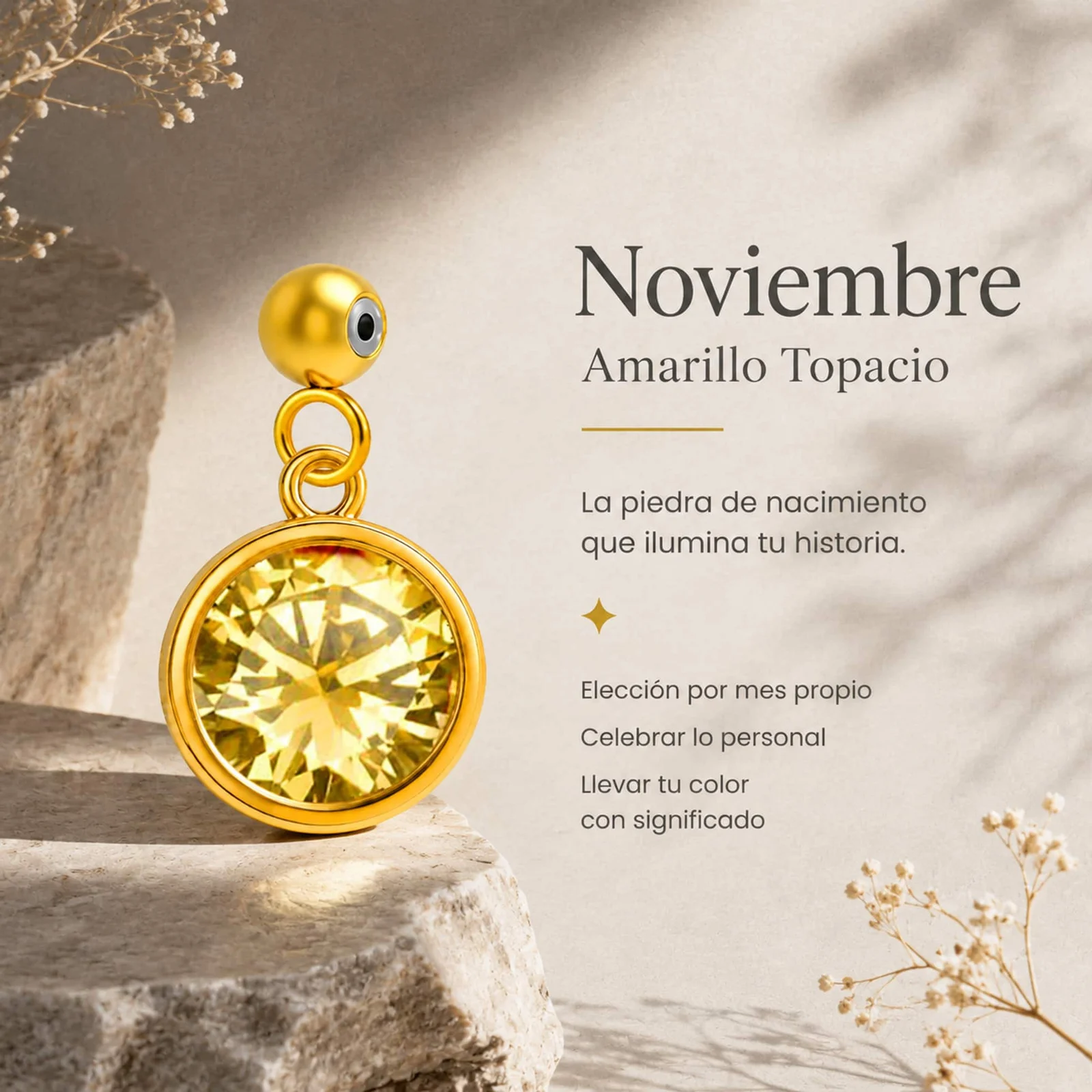 CHARM ACERO DORADO CON PIEDRA NACIMIENTO DE NOVIEMBRE-CON BOLA DE GOMA