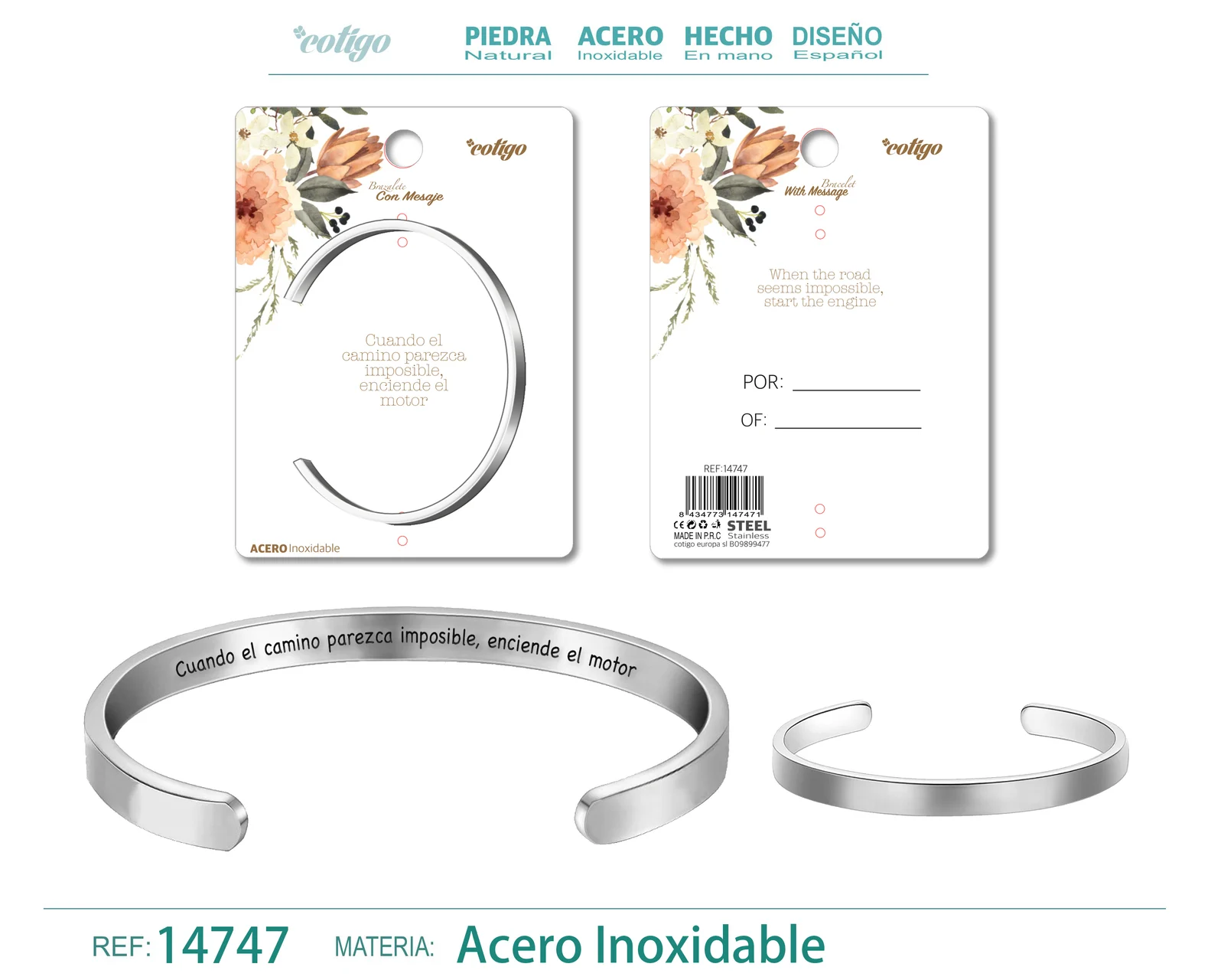 BRAZALETE ACERO CON MENSAJE ESPAÑOL