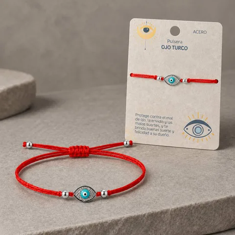 Pulsera Hilo encerado Rojo CON OJO TURCO Plateado