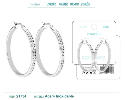ARO ACERO 30MM PLATEADO CON CIRCONITA TRANSPARENTE