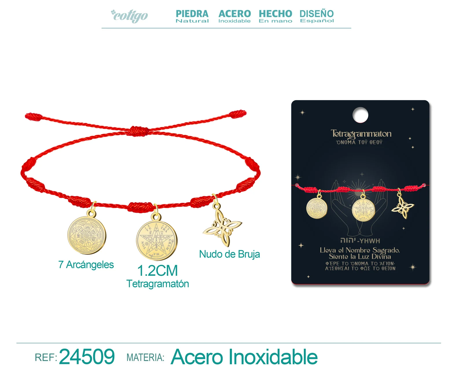 PULSERA 7 NUDOS CON TETRAGRAMMATON  NUDO DE BRUJA Y 7 ARCÁNGELES ACERO DORADO