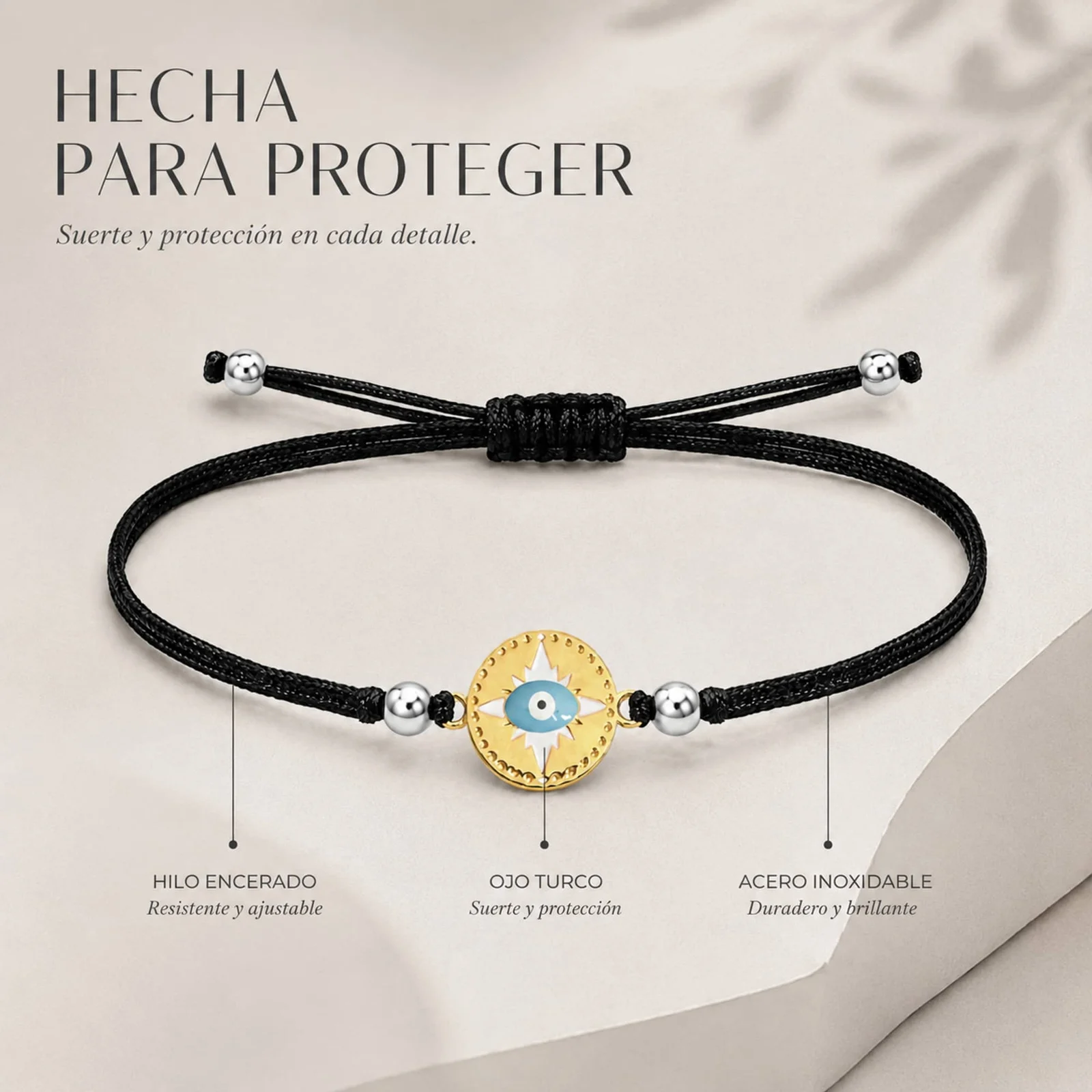Pulsera Hilo encerado Negro CON OJO TURCO Dorado