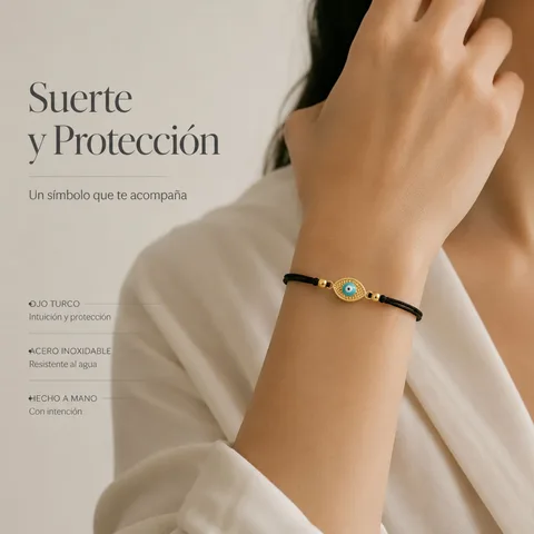 Pulsera Hilo encerado Negro CON OJO TURCO Dorado