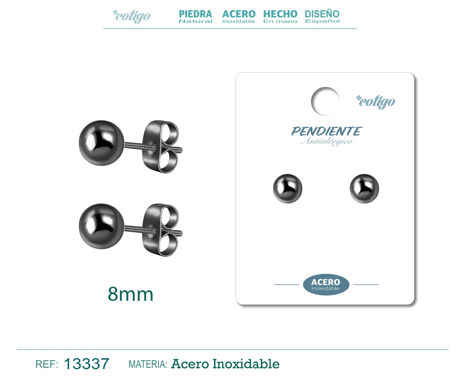 PENDIENTE BOLA 8MM ACERO NEGRO