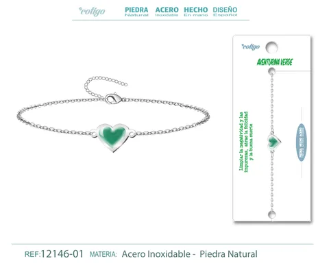 Pulsera corazon con Aventurina verde-Plateada