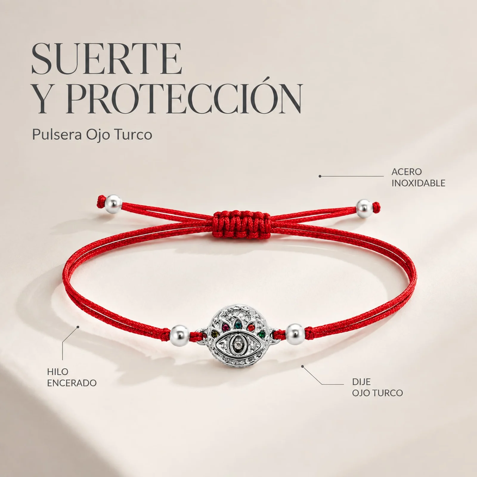 Pulsera Hilo encerado Rojo CON OJO TURCO Plateado