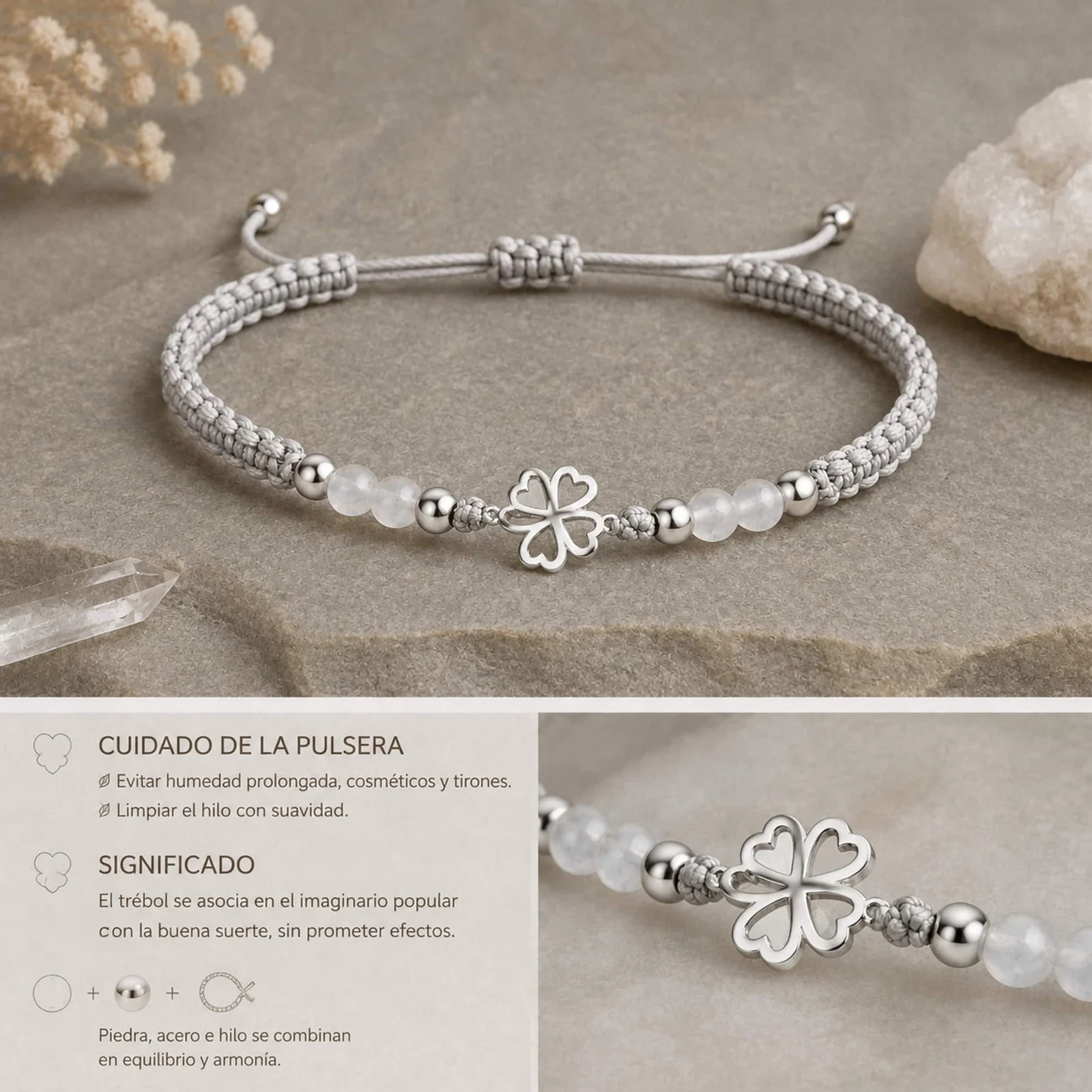 PULSERA HILO ENCERADO CON CUARZO BLANCO Y TRÉBOL DE SUERTE ACERO