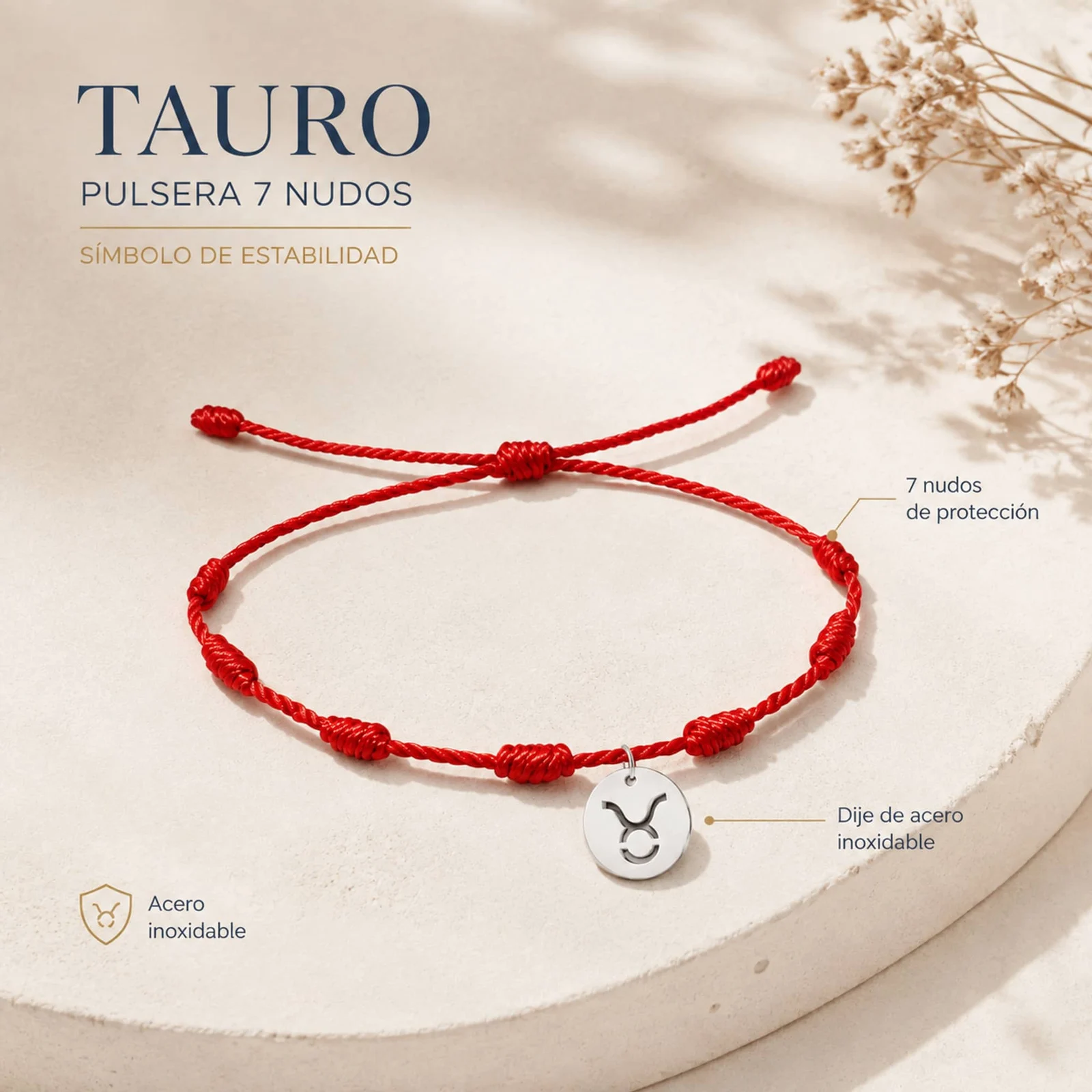 PULSERA 7 NUDOS CON TAURO ACERO. COLOR PLATEADO