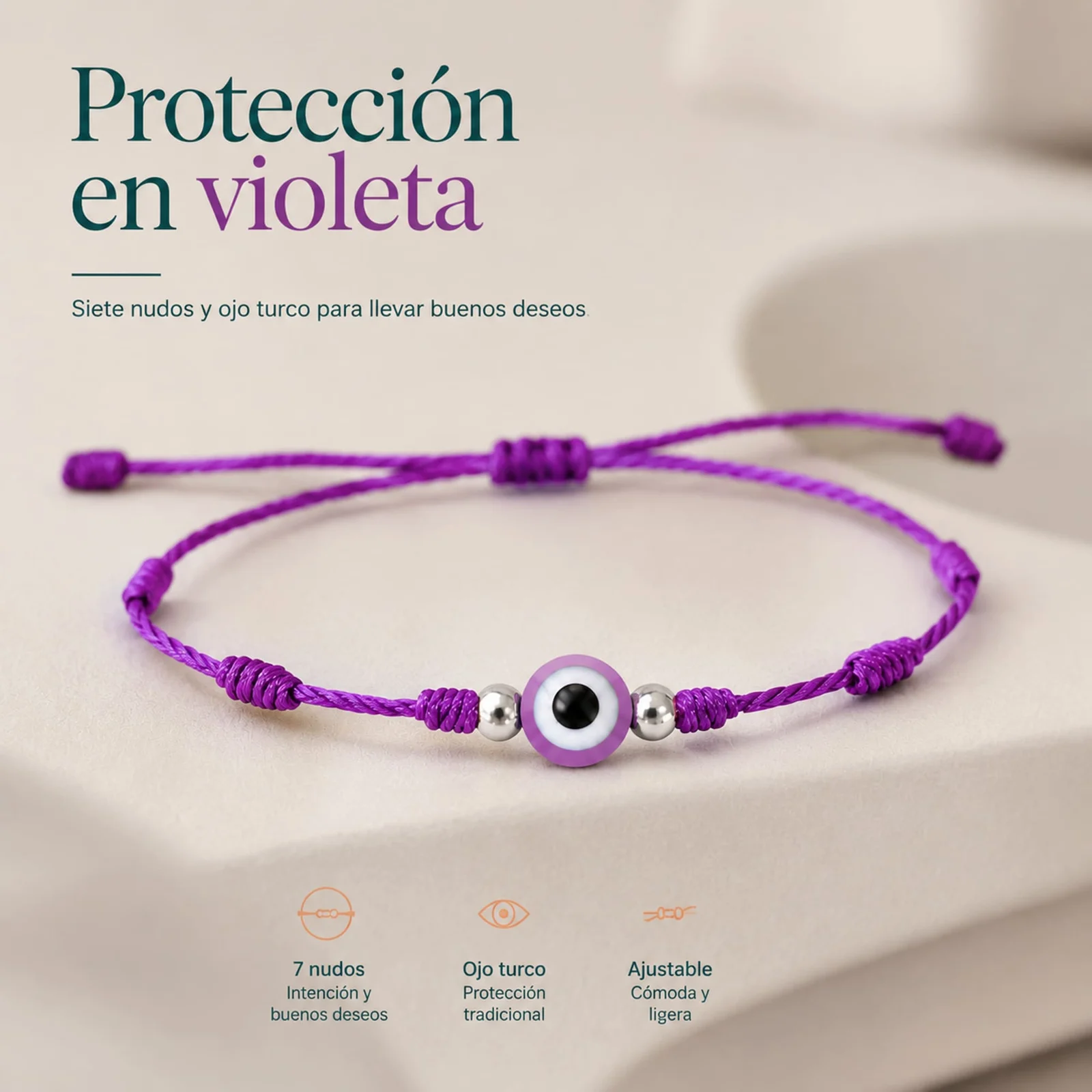 PULSERA 7 NUDOS VIOLETA CON OJO TURCO