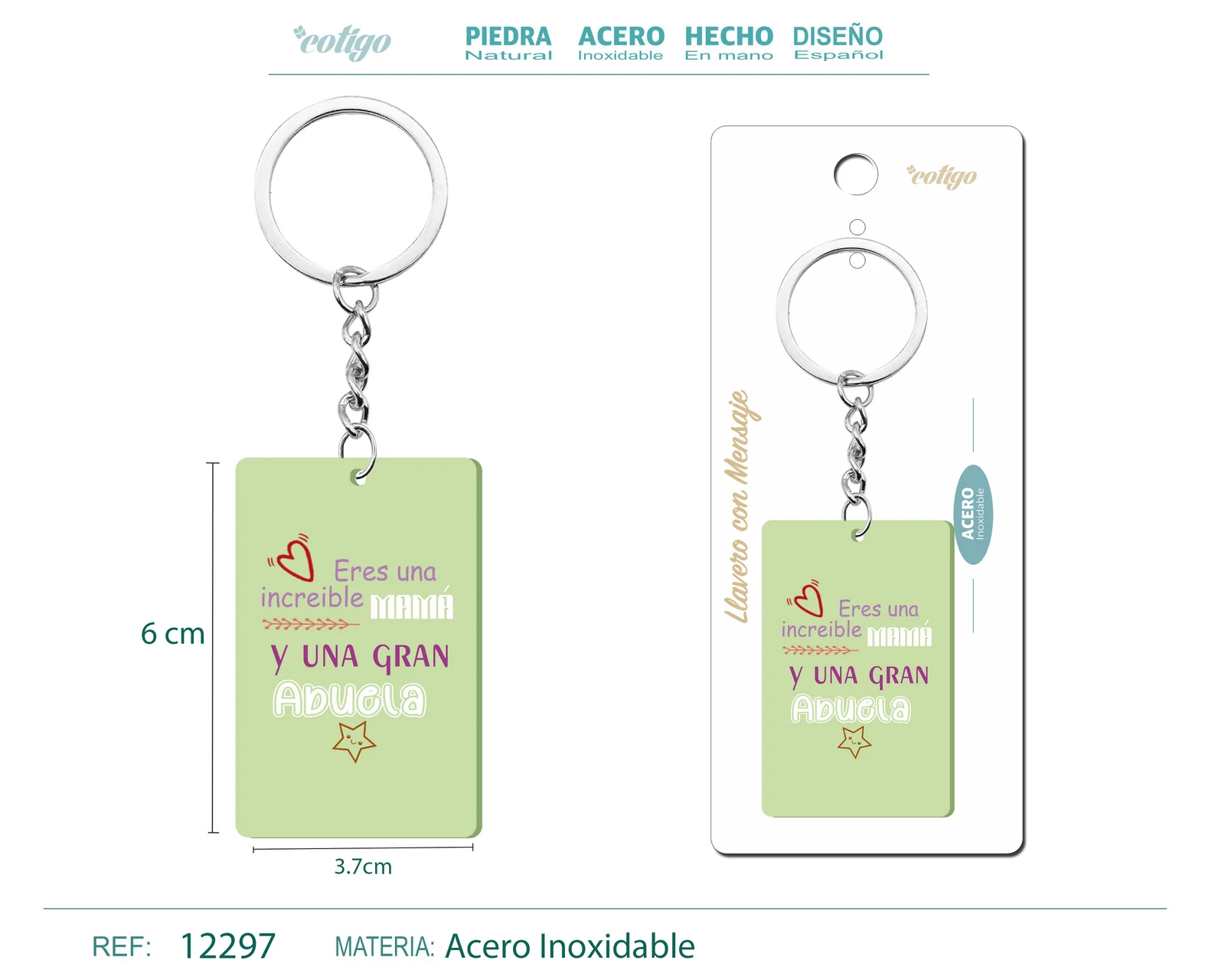 LLAVERO MENSAJE COLORES CON ACCESORIO ACERO
