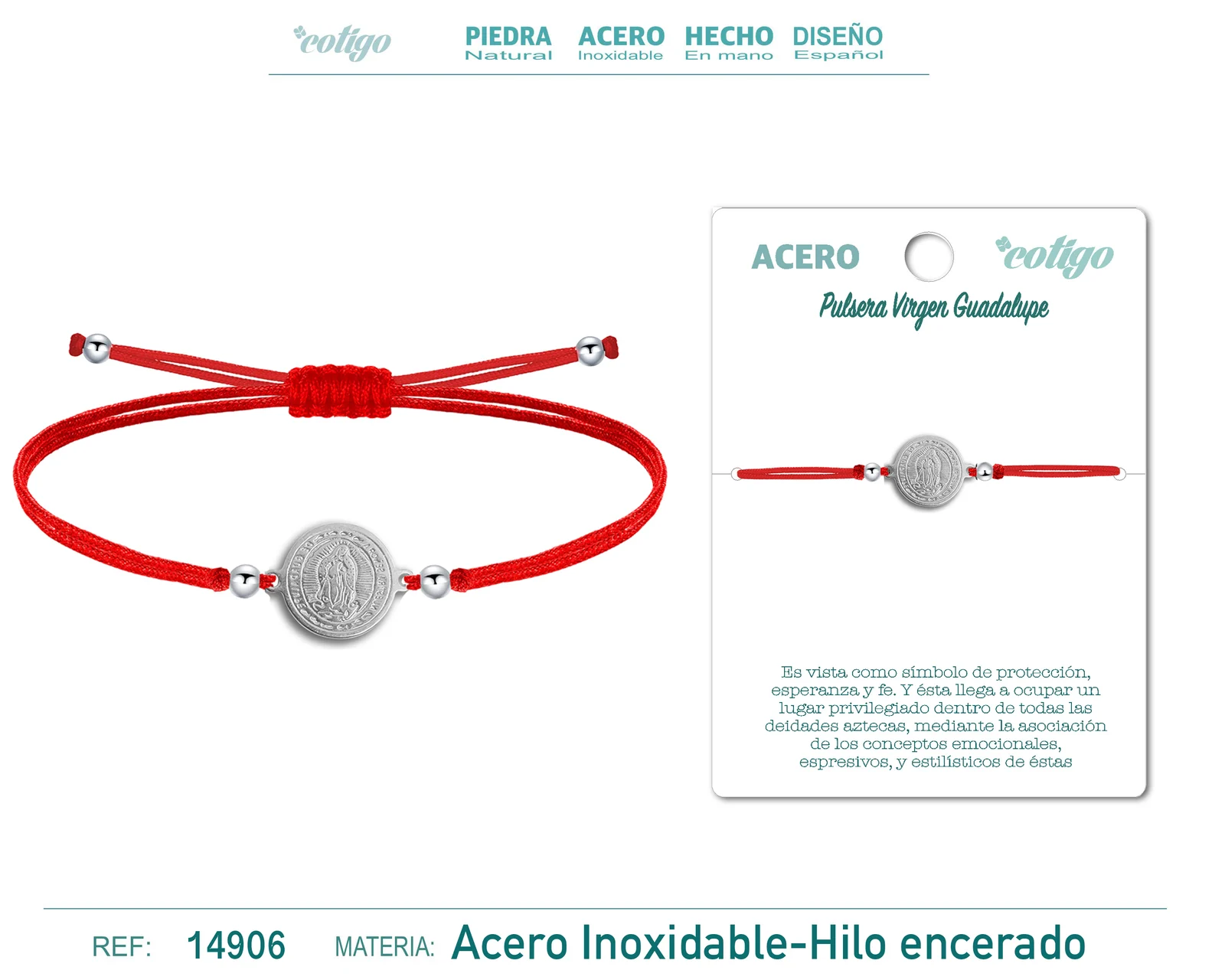 PULSERA HILO ENCERADO ROJO-VIRGEN GUADALUPE PLATEADO